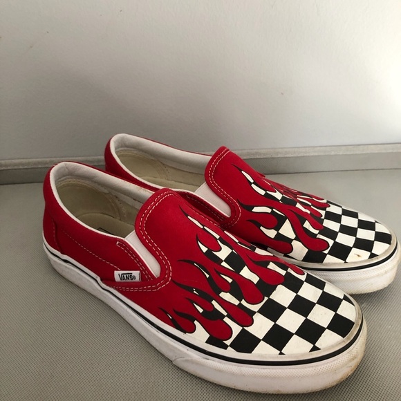 checkered vans with red drip